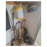 Corner Lot; Gas Cans, Wood Sled, Shovels, Watering
