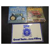 Tractor Books and Metal Beer Sign