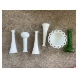 Milk Glass & Green Pressed Glass Vases Set