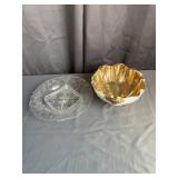 Etched Crystal Plate & Gilt Shell Bowl Lot