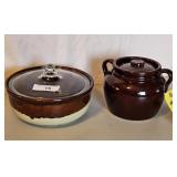 BROWN BEAN POT & CROCK TYPE DISH W/GLASS LID