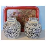 2-GINGER JARS W/LIDS & TRAY