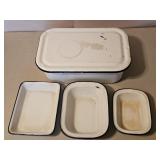 WHITE ENAMEL WARE COVERED PAN & SMALLER ONES