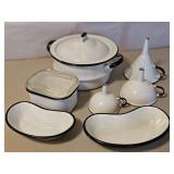 WHITE ENAMEL WARE PAN, FUNNELS AND OTHER
