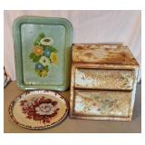 EARLY METAL/RUSTY BREAD BOX, BROUND TIN TRAY &