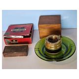 GREEN GLASS ASH TRAY, WOODEN BOX, PIPE & OTHER