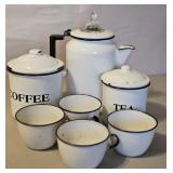 WHITE ENAMEL WARE COFFEE CUPS/POT TEA &