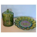 CARNIVAL GLASS EGG PLATE & COVERED GRAPE PATTERN