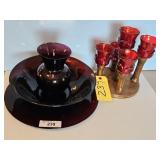 RUBY RED GLASSWARE & RED CANDLE STICKHOLDERS