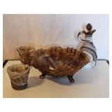 IMPERIAL SLAG GLASS FOOTED BOWL, CRUET &