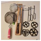 STRAINERS, WAFFLES, BREAD KNIFE W/WOODEN CASE