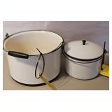 2-WHITE ENAMEL WARE PANS 1 W/LID