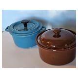 EARLY COVERED BLUE DISH/BROWN REDWARE