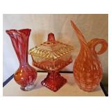 7" RED BLOWN GLASS VASE, 7.5" ORANGE VASE, &