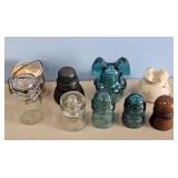 EARLY GLASS INSULATERS & 2 EARLY JARS