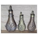 3-EARLY DECORATIVE BRASS POWDER HORNS