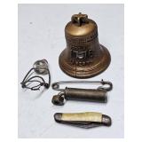 1976 SMALL CAST BELL, LARGE PIN, POCKET KNIFE