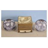 2 PAPERWEIGHT CANDLE HOLDERS & MUSIC BOX