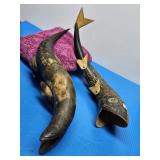 2-HAND CARVED HORN FISH MARKED 1912 & OTHER THAT