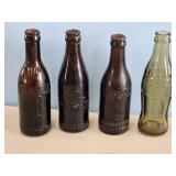 3-AMBER COCA COLA BOTTLES & GREENISH TO BROWN ONE