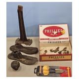 SHOE LATH, PHILLIES EMPTY CIGAR BOX, NEW DARTS