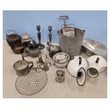 SILVER PLATE ITEMS,  ENAMEL URNALS, CAST IRON POT