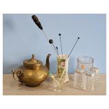 HAT PINS & HOLDER & BRASS TEAPOT