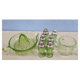 GREEN DEP. GLASS JUICER, SALT & PEPPERS