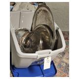 TOTE W/SILVER PLATE ITEMS TRAYS