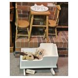 WOODEN DOLL CRADLE & CHILDS TEA SET & TABLE W/2