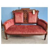 Antique Carved Wood Settee with Red Upholstery