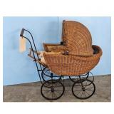 Vintage Wicker Baby Carriage & Early Vict. Doll