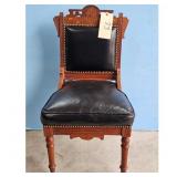 Antique Wood Chair with Black Leather Seat