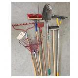 Lot of Garden Tools: Rakes, Shovel, and Brooms
