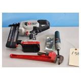 Porter Cable Nailer, Pipe Wrench & other