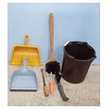 Cleaning Supply Lot: Bucket, Brushes, and Dustpans