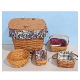 5 Longaberger Baskets - Woven Wood & Fabric Liners