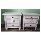 Pair of White Distressed Nightstands with 3 Drawer