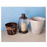 Rustic Metal Lantern with Candle and Two Decorativ