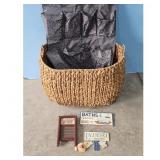 Laundry Decor Lot: Woven Basket, Hanging Organizer