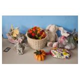 Cherub Angel Figurine, Woven Basket with Flowers,