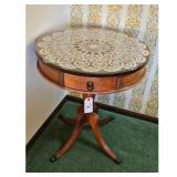 Antique Drum Table with Glass Top and Drawer