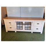 White Media Console with Wood Top and Glass Doors