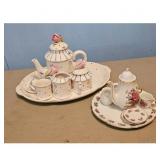 Vintage Ceramic Tea Set with Tray and Floral Accen