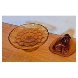Vintage Amber Glass Footed Bowl and Frog Figurine