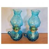 Pair of Vintage Blue Moon and Star Glass Oil Lamps