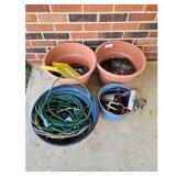 Lot of 2 Terracotta Pots, Garden Hose, and Assorte