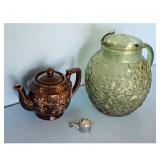 Vintage Brown Teapot with Floral Design and Green