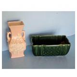 Vintage Pink Vase and Green Planter Lot