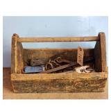 Antique Wooden Toolbox with Assorted Hardware
